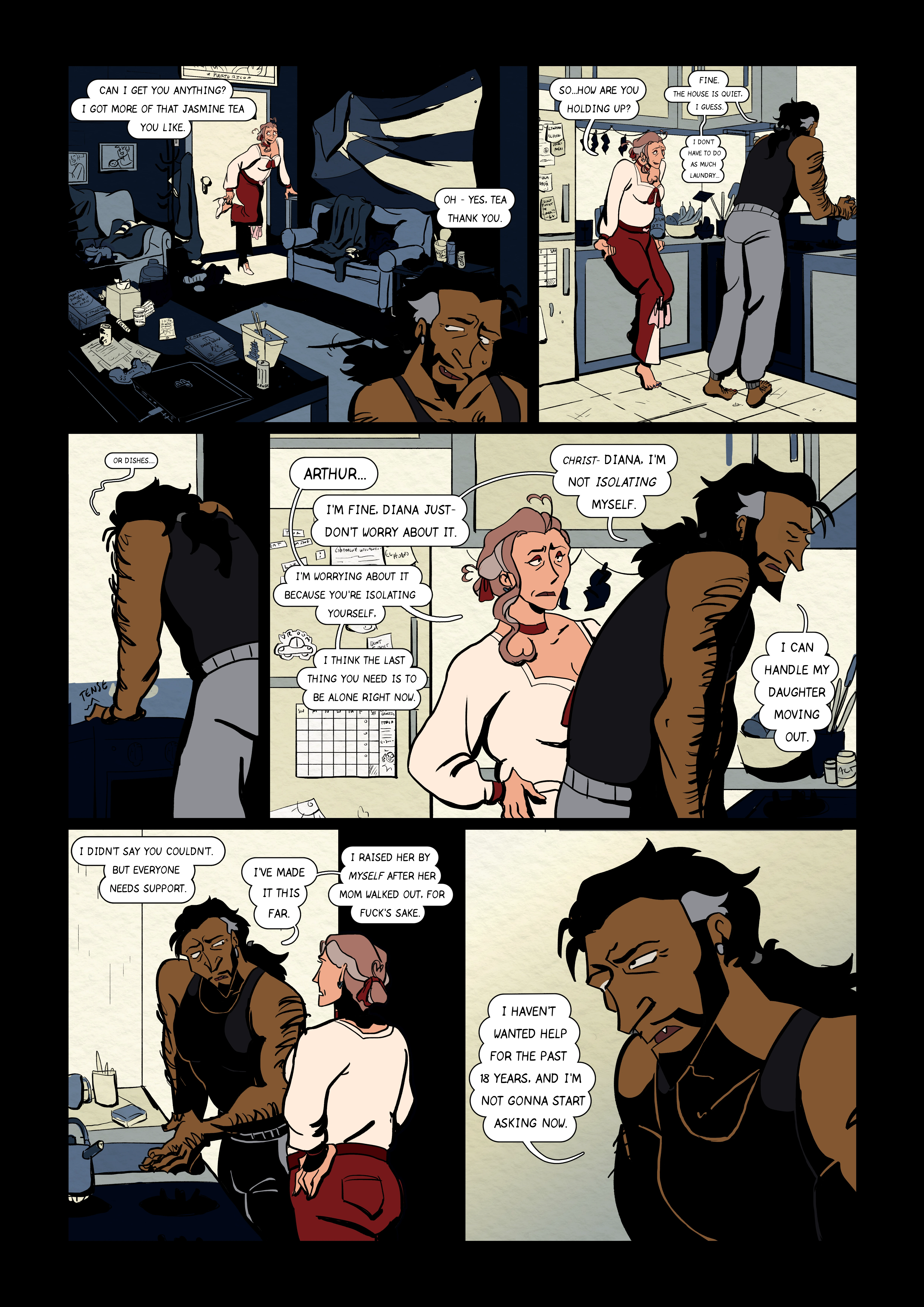 Page 2 of El Lobo Solitario - A short comic depicting a man and a woman talking about their lives.